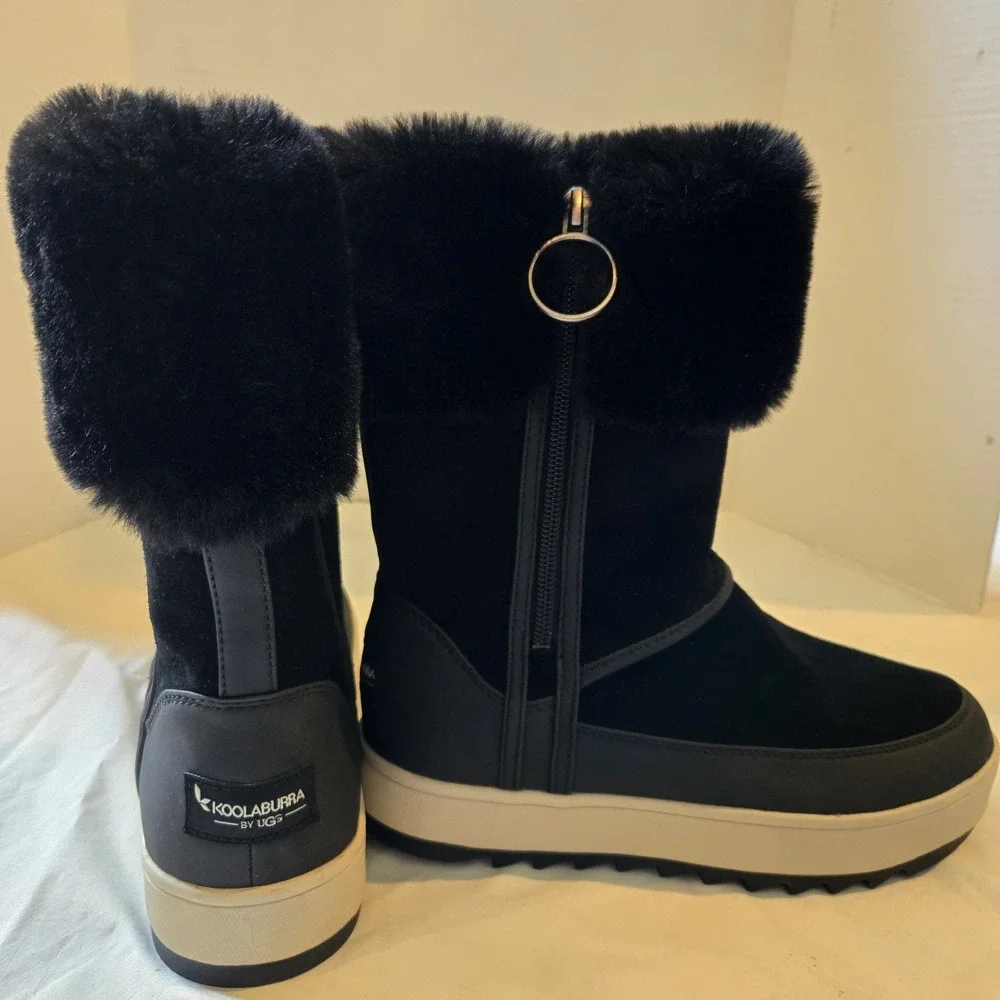 Koolaburra UGG Women's Tynlee Suede Fur Boots Black & White Sz‎ 6 EUC 1105889